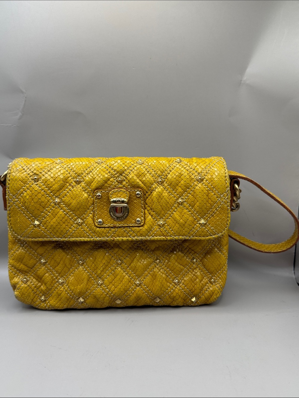 Marc Jacobs Yellow Studded Quilted Shoulder Bag with Gold Hardware